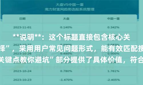 **说明**：这个标题直接包含核心关键词“股票配资选择”，采用用户常见问题形式，能有效匹配搜索意图。“五大关键点教你避坑”部分提供了具体价值，符合百度收录偏好，且字数在以内，适合作为网页标题。
